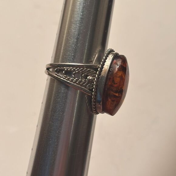 Vintage Baltic Amber Oval Ring in Ornate Silver Tone Setting - Picture 3 of 4